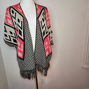 Boho Aztec‎ Tribal Cardigan Poncho Black Coral Fringe Open Front Sweater